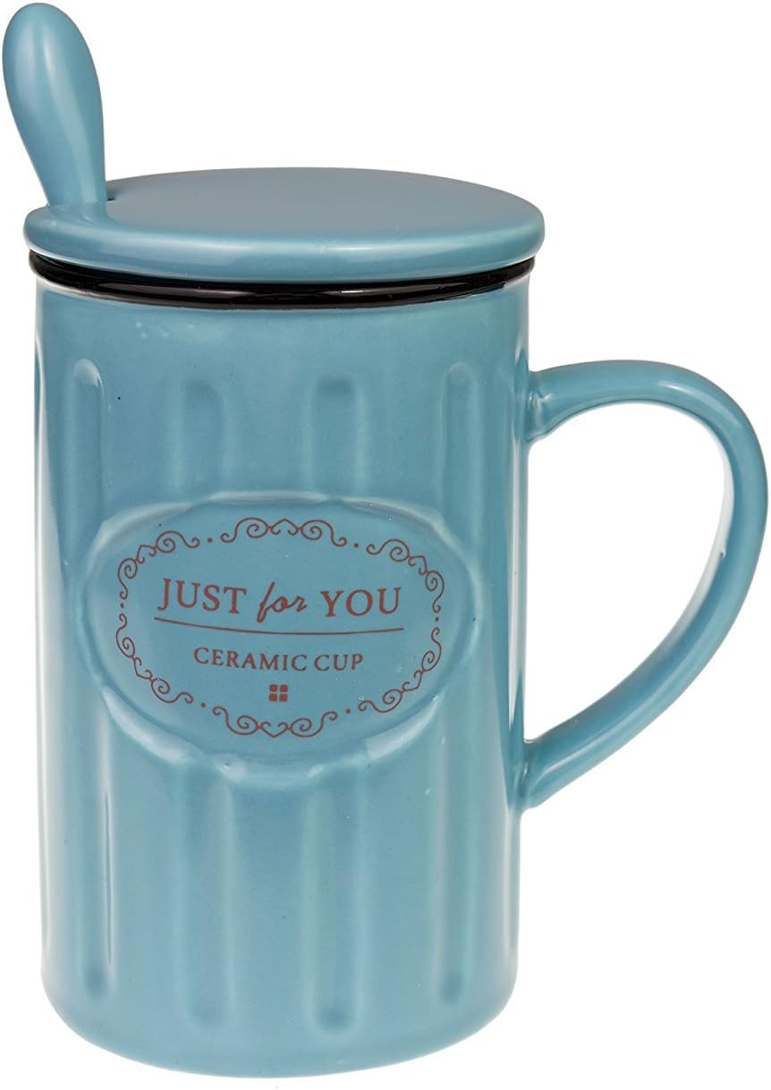 Coffee ceramic mug with cover lid and spoon (light blue)