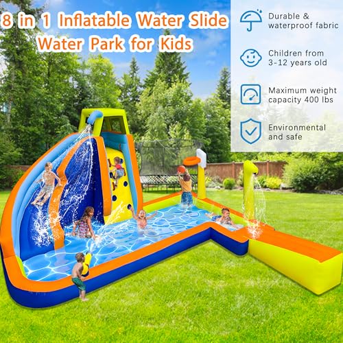 RETRO JUMP Inflatable Water Slide 8 in 1 Bounce House for Kids Backyard Waterslide with Slide,Climbing Wall,Splash Pool,Basketball Rim,Sprinkles,Water Gun,480W Blower Included,Water Park for Summer