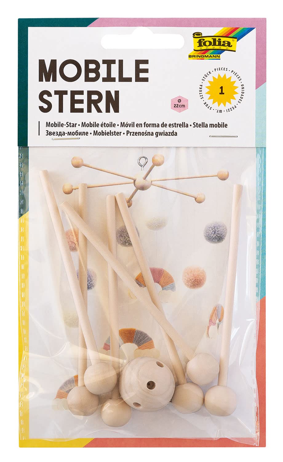 folia 2280 – Mobile Star made of wood, 6 arms, for interlocking with metal hooks for hanging, diameter approx. 22 cm, ideal for DIY mobiles