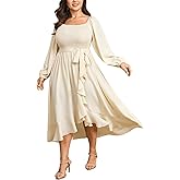 SCOMCHIC Women Plus Size Cocktail Dress Formal Long Sleeve Wedding Guest Smocked High Low Ruffle Dress with Belted