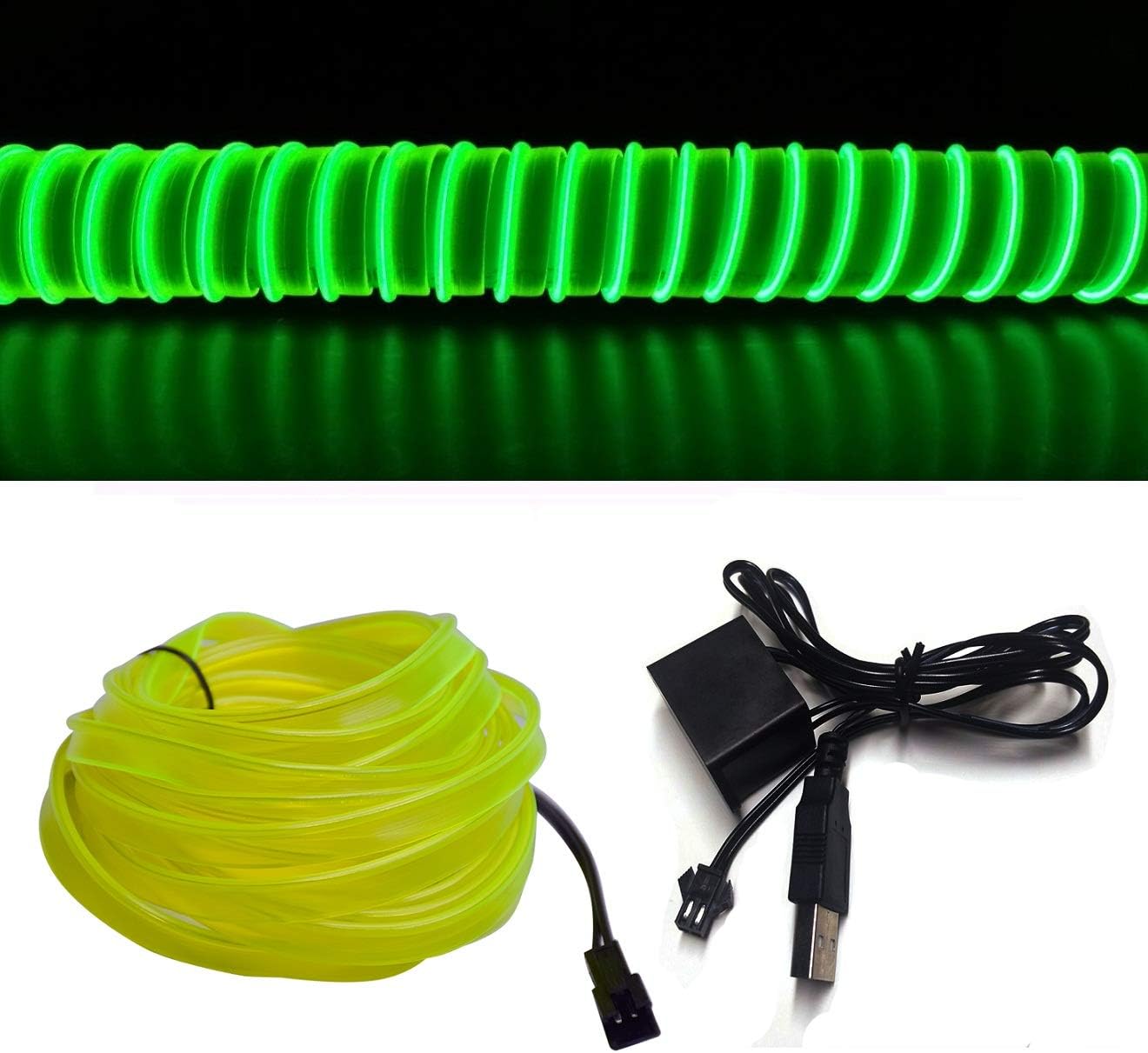 M.Best USB Neon LED Light Glowing Electroluminescent Wire/El Wire for Automotive Interior Car Cosplay Decoration with 6mm Sewing Edge (Lemon Green, 5M/15FT)