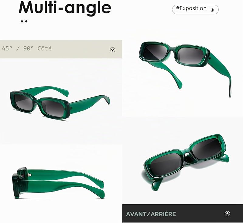 Lunettes de soleil pour femmes rétro vintage monture carrée étroite protection uv400 (Monture verte transparente/lentille grise avec dégradé) — photo 4 sur 6