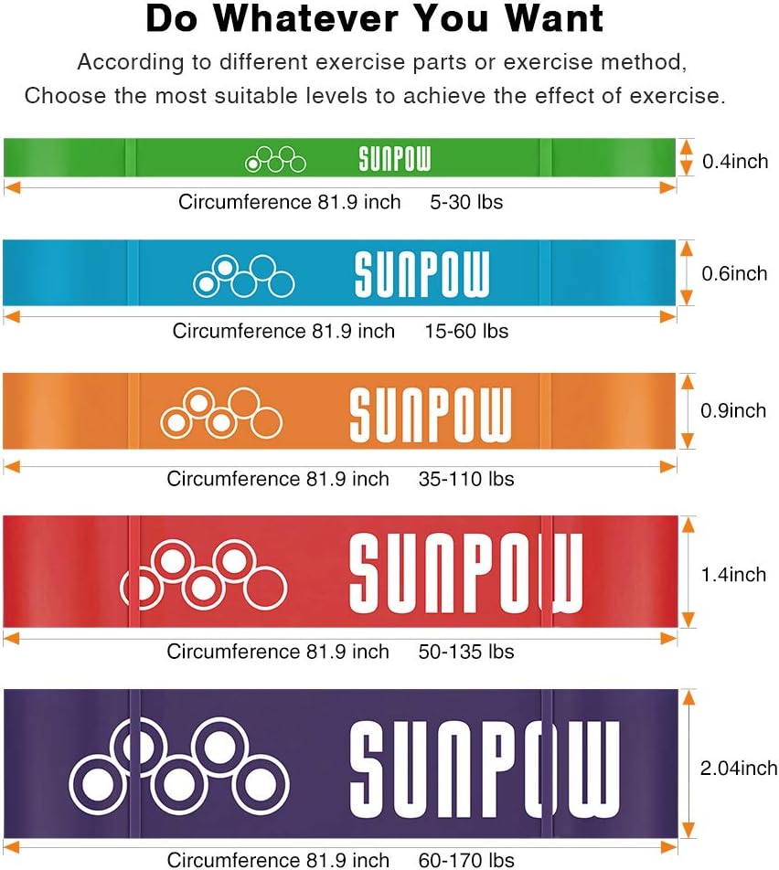SUNPOW Pull Up Assistance Bands - Set of 5 Resistance Heavy Duty Workout Exercise Crossfit Stretch Fitness Bands Assist Set for Body, Instruction Guide and Carry Bag Included : Sports & Outdoors