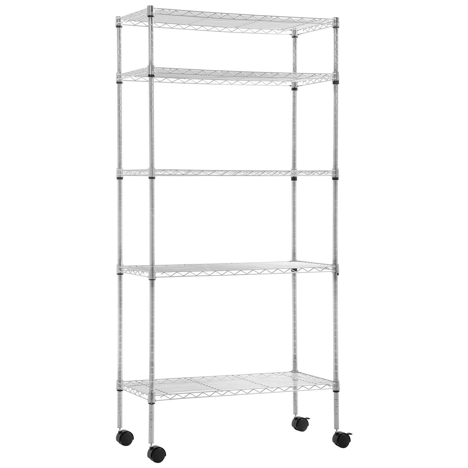 BestOffice 14"x30"x60" Storage Shelves Heavy Duty Shelving 5 Tier Layer Wire Shelving Unit with Wheels Metal Wire Shelf Standing Garage Shelves Storage Rack,Adjustable NSF Certified (Chrome) Image