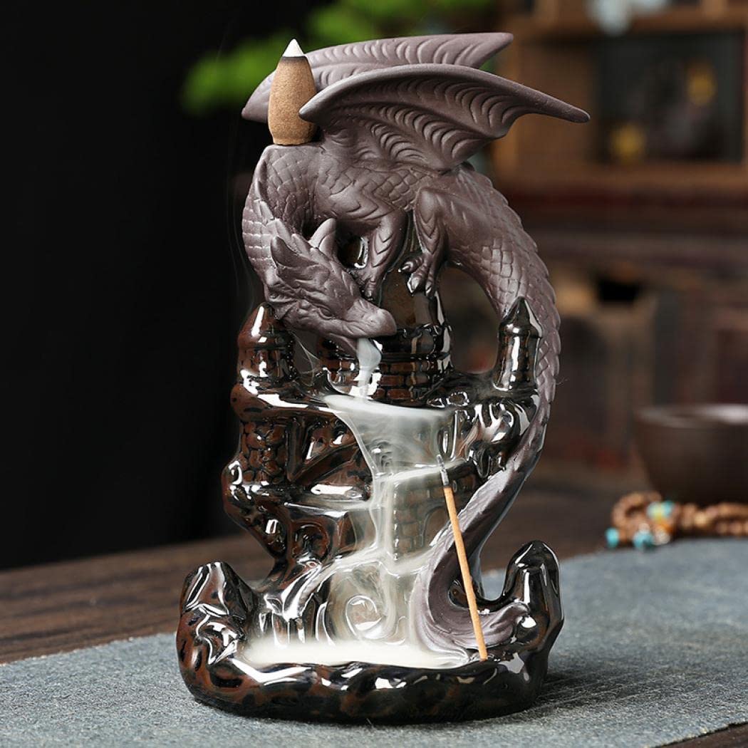 SKILBEAIA Dragon Backflow Incense Burner - Porcelain Plated, 20 Backflow Cones, 30 Incense Sticks, Home and Office Decor