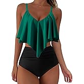 SUUKSESS Women Ruffle High Waisted Tankini Swimsuits Tummy Control Bathing Suit