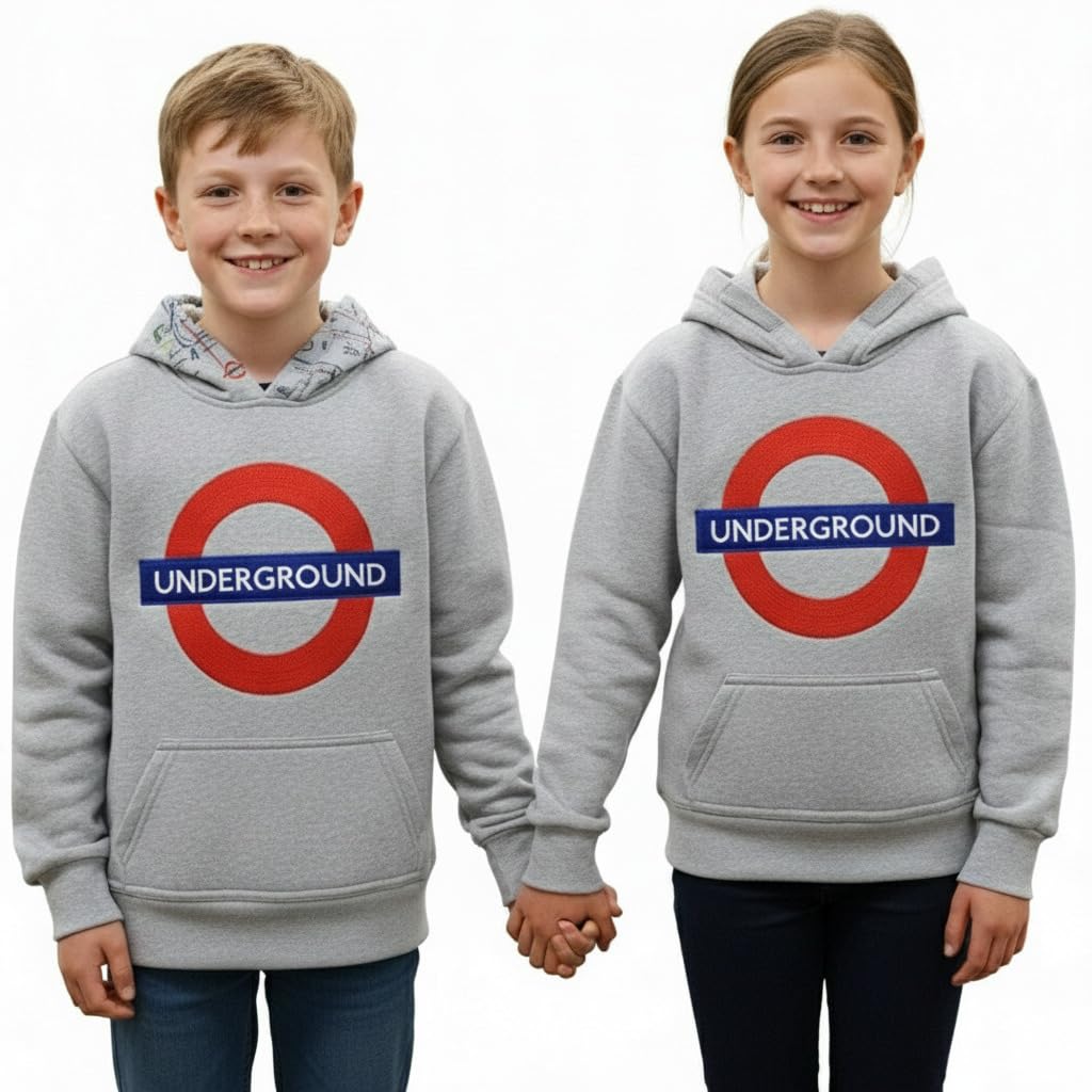 GWCC London Underground Kids Hoodie – Official Licensed TFL Grey Sweatshirt with Chain Stitch Embroidery & Tube Map Hood | Unisex pullover hoodie 1 to 13 years (UK, Age, 7 Years, 8 Years)
