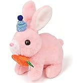 Easfan Hopping Bunny Plush Jumping Spotted Pink Rabbit with Hat Ears Nose Moving Christmas Plush Toy Interactive Toy Electric for Toddlers Kids,7"