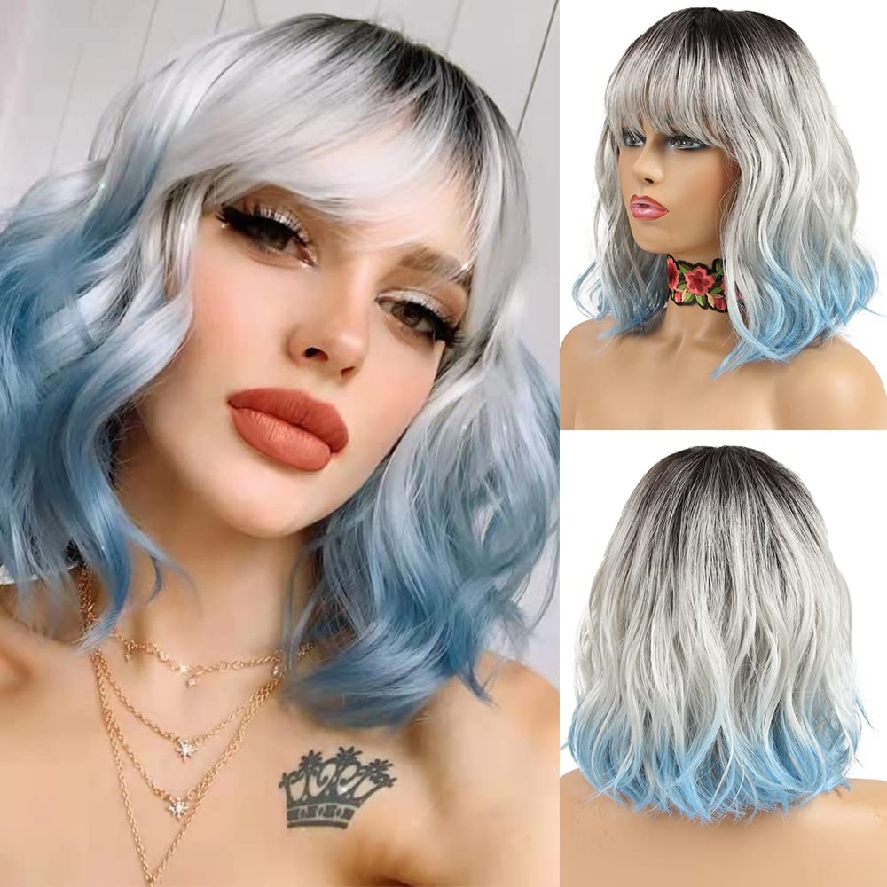 Photo 1 of NOBLE Blue Wig with Bangs 12 Inches Short Bob Curly Wig Blue Wigs for Women Colorful Wavy Bob Wigs with Air Bangs Heat Resistant Synthetic Silver Blue Halloween Wigs for Cosplay Party