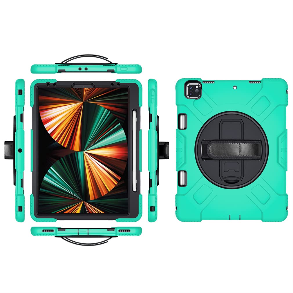Case for iPad Pro 12.9 Inch 2022/2021/ 2020/2018(6th/ 5th/ 4th/ 3rd Generation) with Pencil Holder, Robust Protective Case with 360° Rotatable Kickstand and Hand Strap, Emerald Green