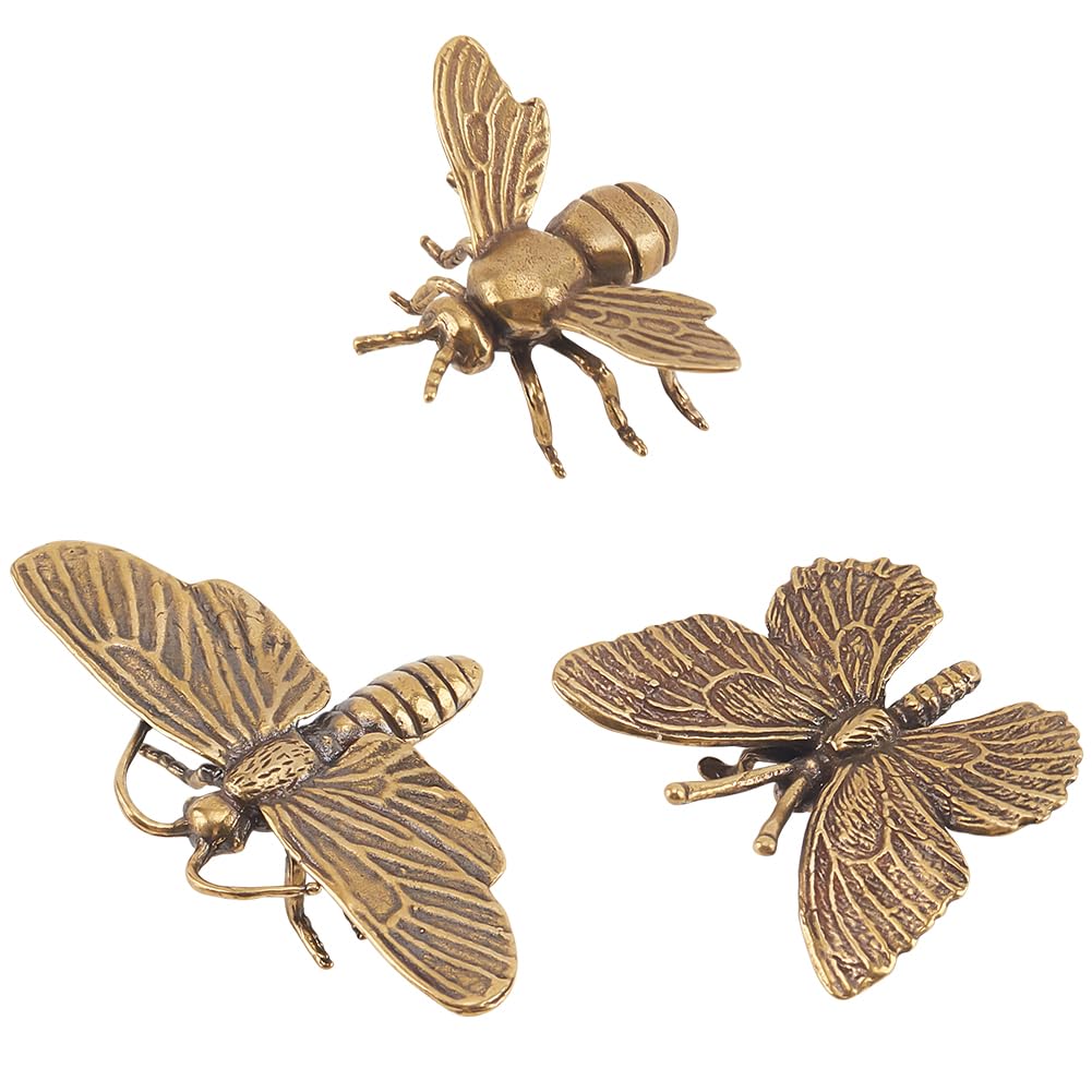 DELORIGIN 3pcs Mini Bee Sculpture Brass Dragonfly Butterfly Decor Ornament Retro Honeybee Good Luck Animal Figure Statues for DIY Craft Insect Ornaments Home Desktop Decorative