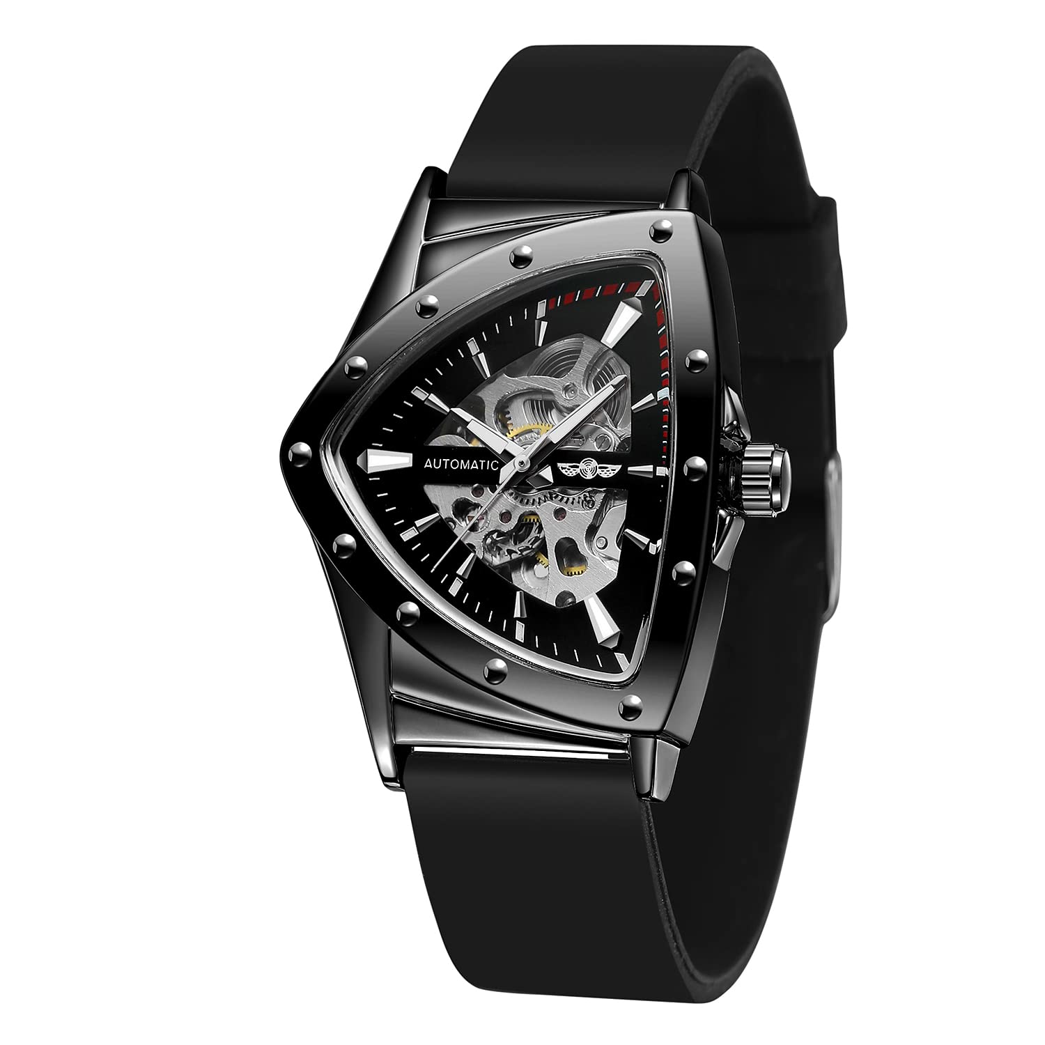 Photo 1 of FORSINING New Men Waterproof Skeleton Triangular Mechanical Wrist Watch with Silicone Strap (Gold and Black)