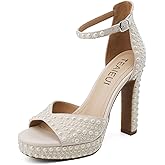 TEAIEUI Pearl Rhinestone Heels Platform Block Sandals for Women Wedding Sandals for Bride Chunky Heels Bridal Shoes with Ankle Strap