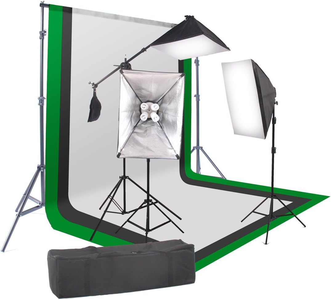 StudioFX 2400 Watt Softbox Continuous Photo Lighting Kit 16"x24" + Boom Arm and 6'x9' Black, White, Chromakey green Backdrop with Support Stand for Photography Video Studio H9004SB-69BWG by Kaezi