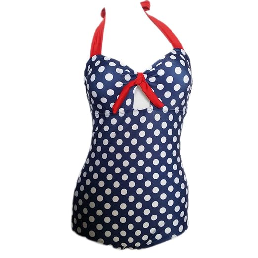 Missyhot Damen Retro Bademode 50s 60s Polka Dots Einteiler Rockablily Schwimmenanzug mit Punkten Monokini Bikini Neckholder B