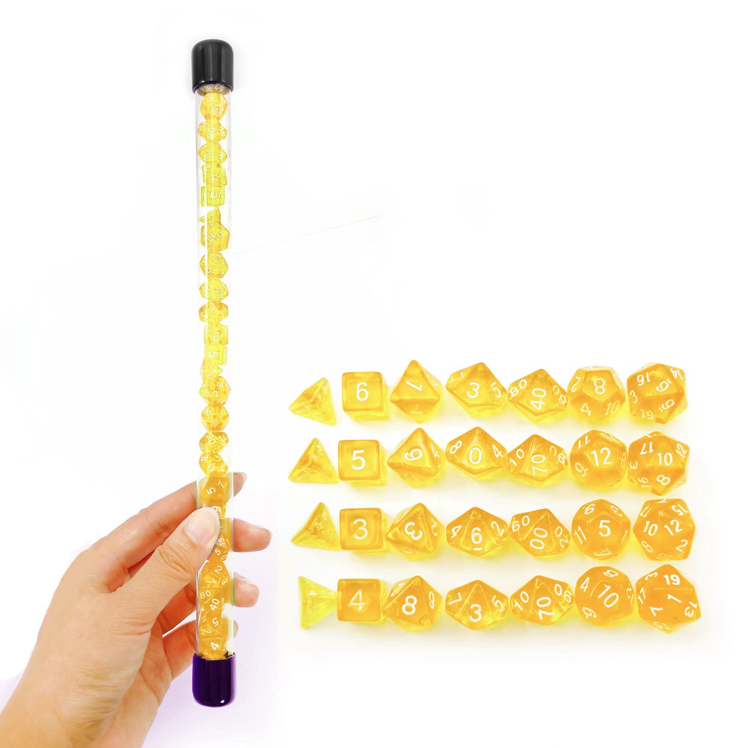 Bescon 28pcs Translucent Yellow Mini Polyhedral Dice Set in Tube, Dungeons and Dragons RPG Dice 4X7pcs,Mini Gem Yellow Dice Set