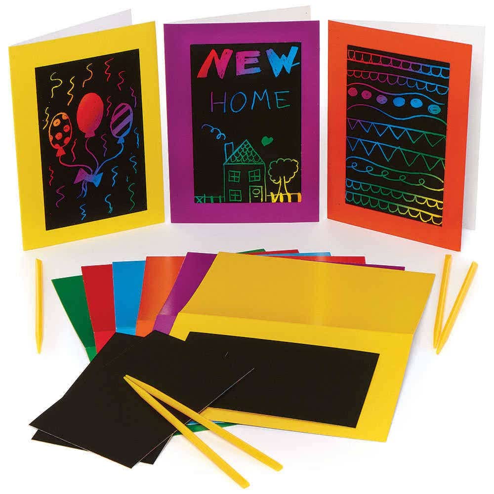 Baker Ross FC911 Scratch Art Card Blanks - Pack of 6, Arts Supplies for Kids, Scratch Art Crafts, Card Making and Paper Craft