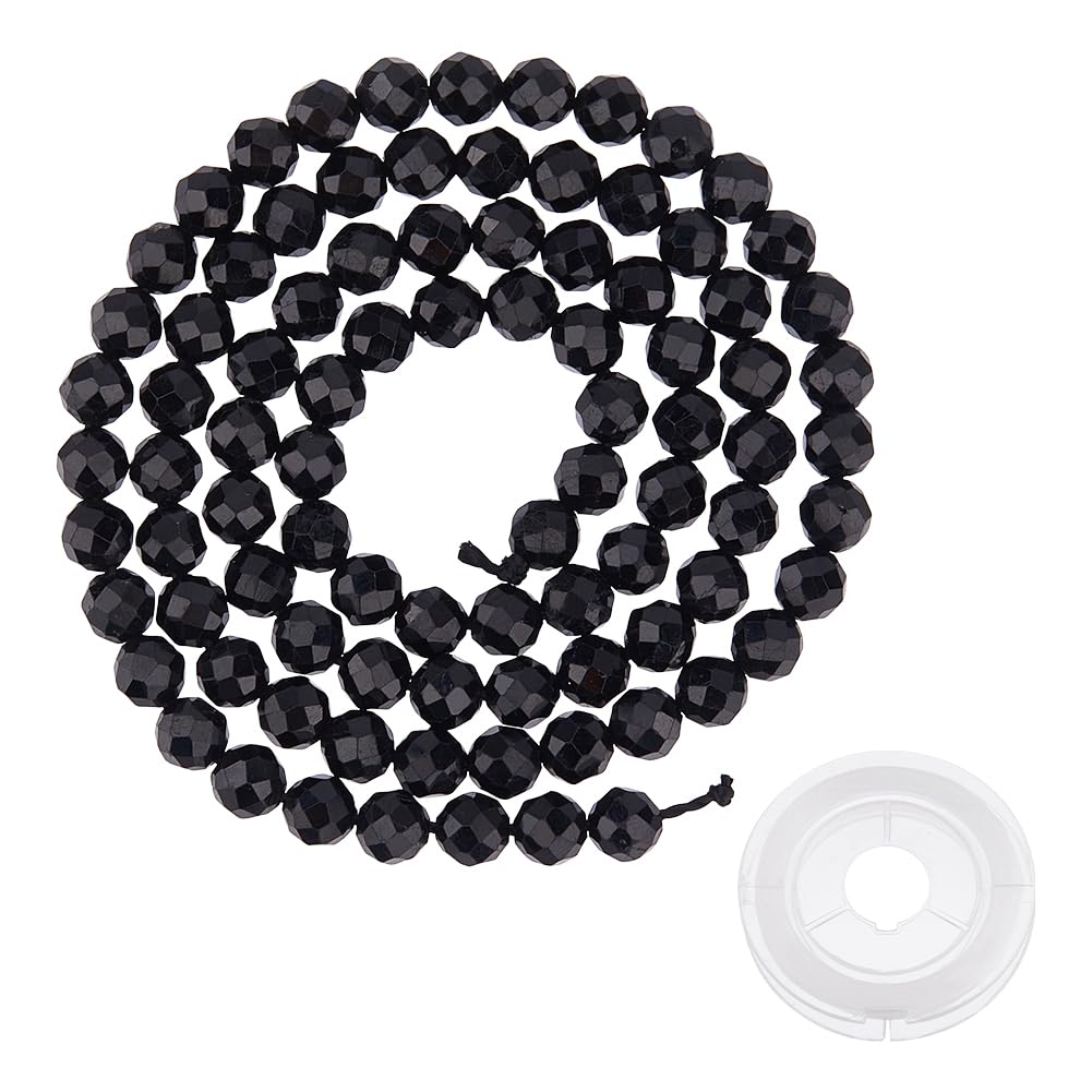 Hobbspring 94Pcs Faceted Gemstone Beads Natural Black Tourmaline Bead Strands 4mm Stone Spacer Beads Round Bead Strand with Elastic Crystal String for Bracelet Necklace Earring Jewelry Making