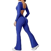 YEOREO One Piece Wide Leg Jumpsuits for Women Workout Long Sleeve Backless Flare Jumpsuit Lizvette Scrunch V Back Yoga Romper