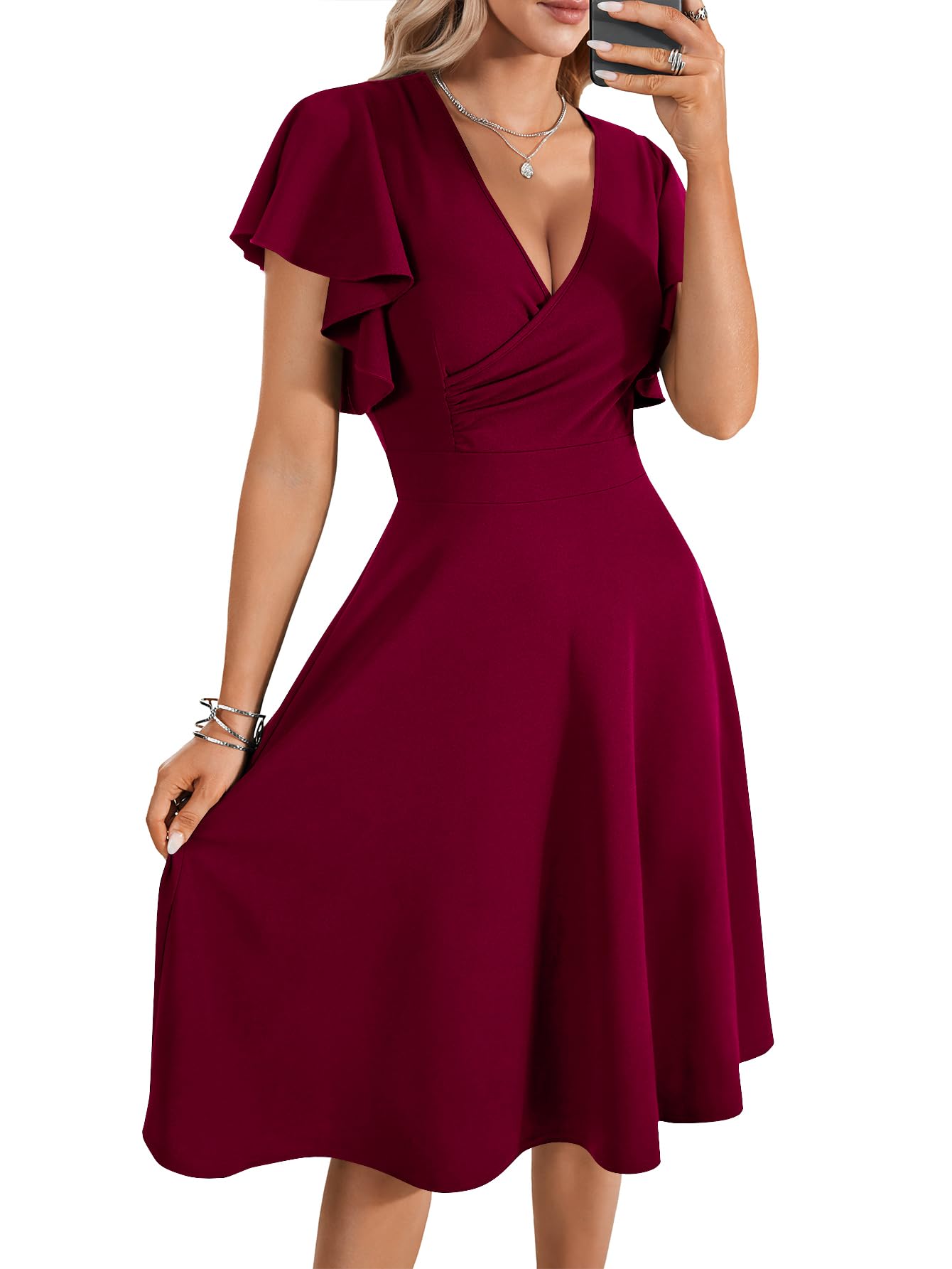 Photo 1 of LYANER Women's Deep V Neck Ruffle Short Sleeve Wrap Swing A Line Flared Cocktail Party Midi Dress Wine Red Medium
