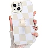 KANGHAR Compatible with iPhone 14 Case, Silicone Checkered Cute Pattern, Wristband Kickstand Camera Protection Soft Slim Cover for Girls Women -White