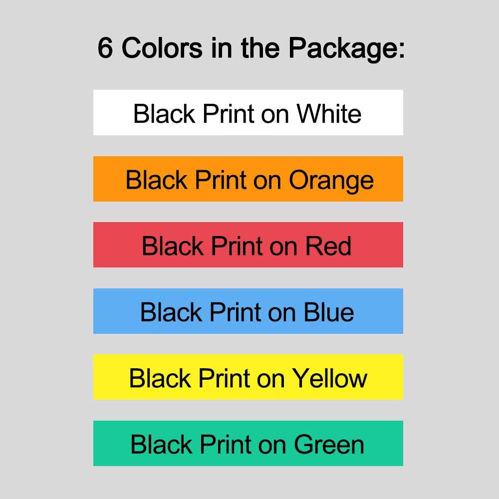 Labelife Compatible Label Tape Replacement for Brother P Touch TZe Label Tape 12mm 0.47 Inch (Black on White/Orange/Red/Blue/Yellow/Green) for P-Touch PT-D210 H110 Label Maker, Laminated, 6-Pack: Office Products