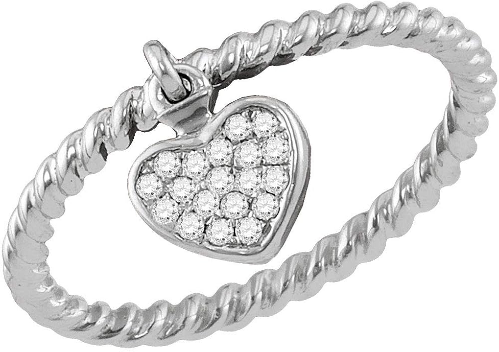 14kt White Gold Womens Round Diamond Heart Dangle Stackable Band Ring 1/10 Cttw Gift for Women