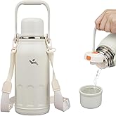 Insulated Water Bottle with Handle and Strap,Vacuum Travel Tumbler with Cup Lid,Thermo Coffee Cup for Hot Cold Drinks 40 OZ,Beige