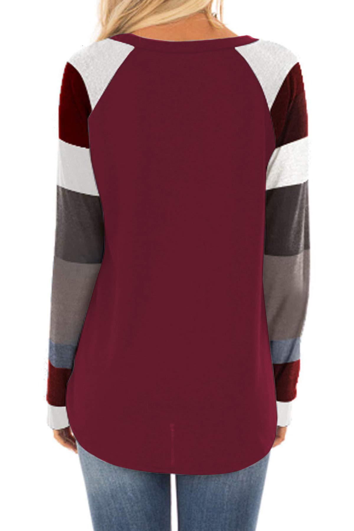 IMIDO Womens U Neck Tops Striped Color Block T-Shirts Casual Pullover Lightweight Long Sleeve Tunic Blouses (XL, A-Wine Red)