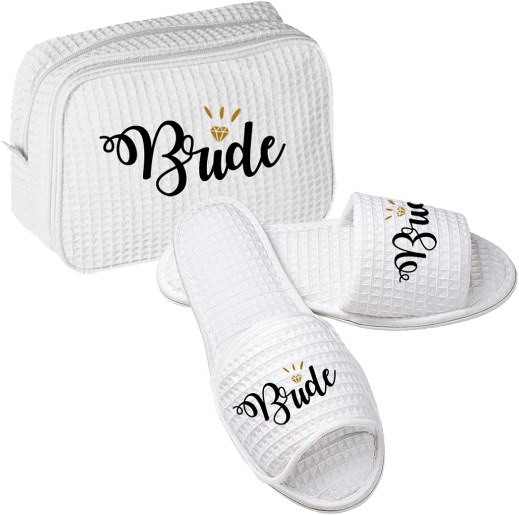 Bride Gift Set with Cosmetic Toiletry Bag and Matching Slippers (M Slippers (Fits 8-10))