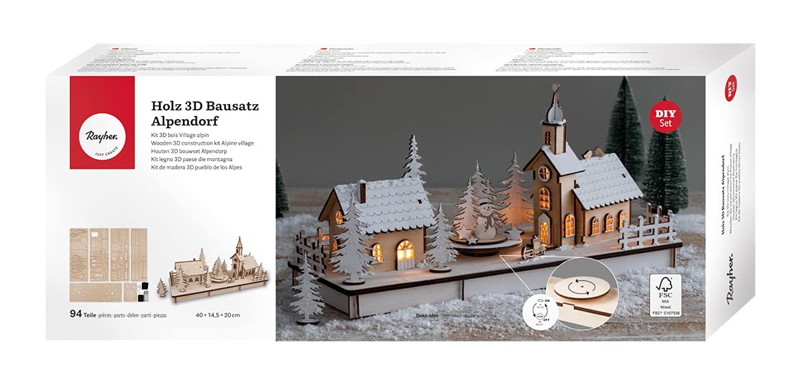 Rayher Building Kit Wooden Winter Village with Rotary Display Stand, DIY Wood Craft Set with 94 slot-together Pieces, Alpine Style, natural wood, 40x14.5x20cm, 63157505