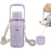 Insulated Water Bottle with Handle and Strap,Vacuum Travel Tumbler with Cup Lid,Thermo Coffee Cup for Hot Cold Drinks 27 OZ,Purple