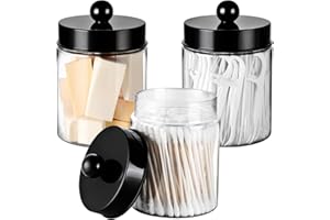 Komashr 3PC Farmhouse Decor Qtip Holder Apothecary Jars Bathroom Vanity Storage Organizer -Countertop Canister Container &Cute Stickers for Cotton Swab, Ball,Pad,Floss ,Paper Clips (Black，Plastic)