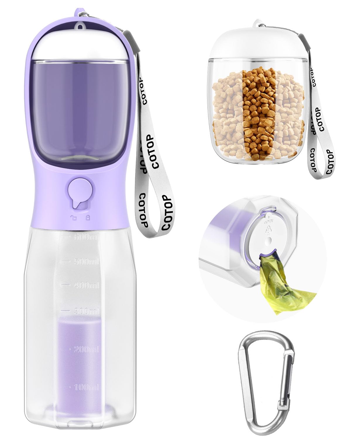 Photo 1 of 20oz Dog Water Bottle with Food Container & Poop Bag Dispenser | Leak-Proof Portable Pet Water Dispenser with Carabiner Clip | for Walking, Hiking, Travel