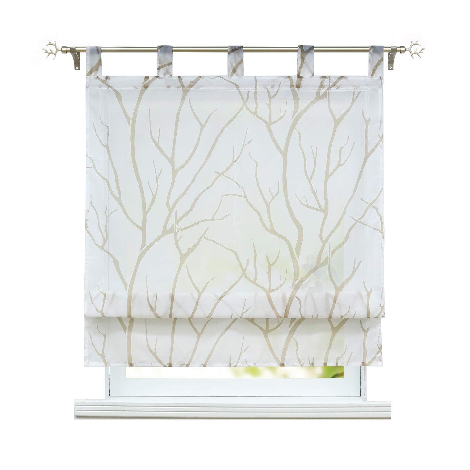 Eslir Roman Blind with Loops, Roman Shade for Kitchen, Transparent Loop-Top Roller Blind, Modern Curtains, White-Brown, WxH 80x140 cm, Pack of 1