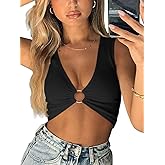 AEVZIV Sexy Crop Tops for Women Sleeveless Deep V Neck Workout Tops Plunge Ring Cleavage Cropped Tank Top