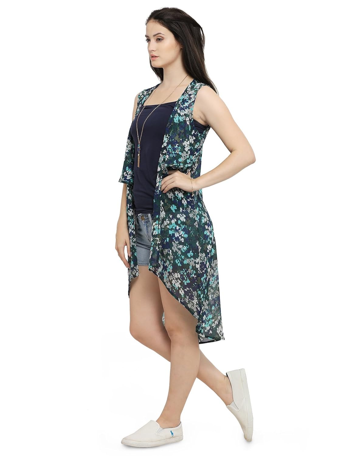 serein women's blue/green floral chiffon shrug/long jacket (e-13)