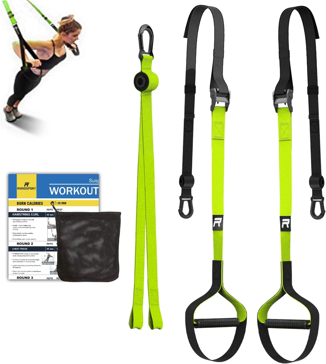 RHINOSPORT Suspension Straps Training Kit with Adjustable Door Hook Home Fitness Suitable for Travelling