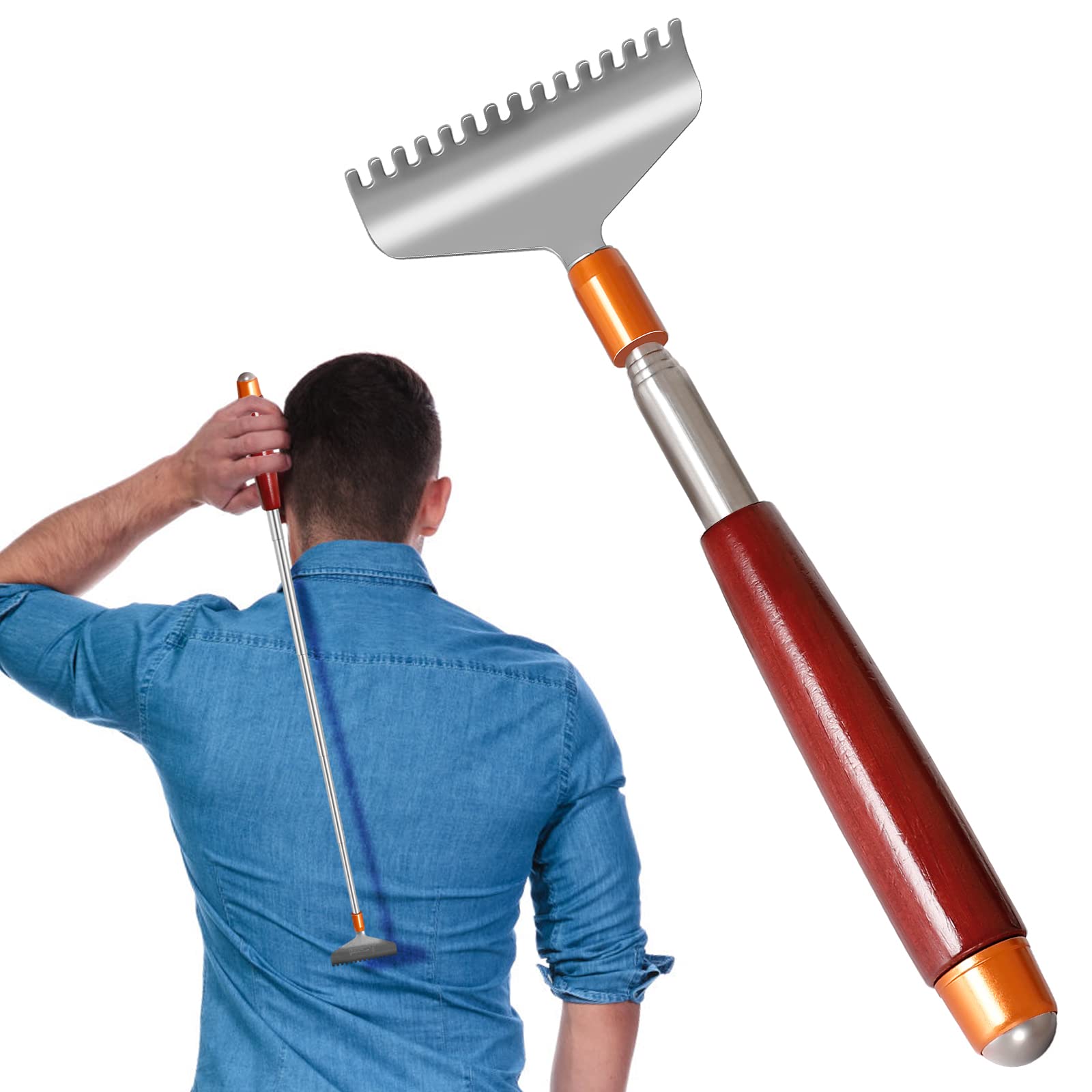Large Back Scratcher, Azymi Back Scratchers for Adults Extendable Wood Handle- Steel Massage Roll, Upgraded Wide Claw Compact Sturdy Metal Telescopic Hand Back Scratcher Massager