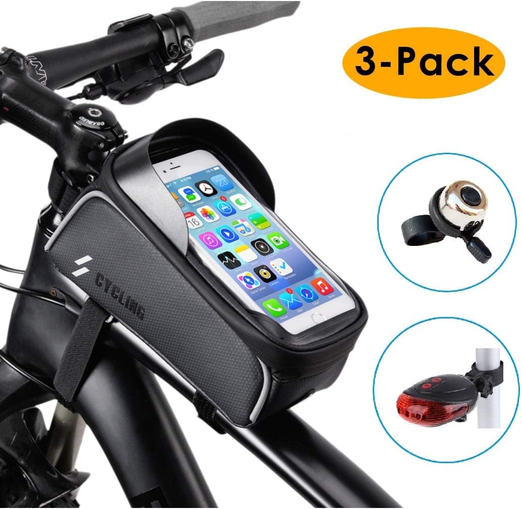 CMBro Bike Frame Bag Rear Light Bell Set, Waterproof Cycling Top Tube Bags Touchscreen Phone Holder with Bicycle Taillight and Bell for Boys Adults