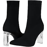 Shoe'N Tale Women's Knit Sock Ankle Boots Pointed Toe Clear Mid Heel Slip-on Stretch Booties Shoes