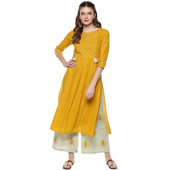 Women's Mustard And Sage Green Cotton Kurta Set