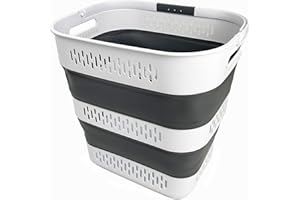 SAMMART 40L (10.5 Gallon) Collapsible Plastic Laundry Basket with Handles - Foldable Pop Up Storage Container/Organizer - Portable Laundry Hamper - Space Saving (1, White/Steel Grey)