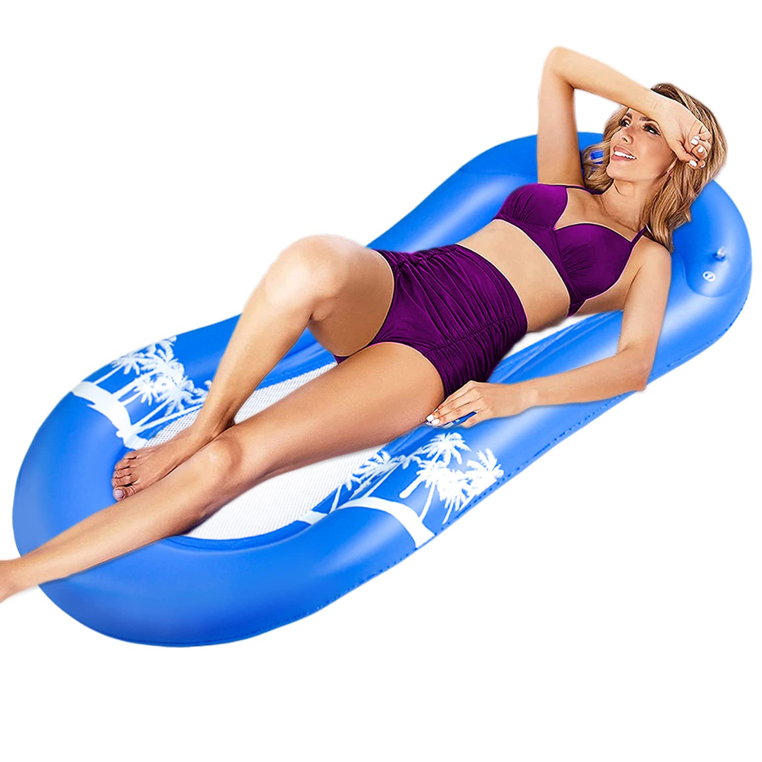 Inflatable Pool float for adult, Pool lounger float ,mesh bottom Float Hammock, Lake Raft, Swimming Party Water Hammock Float with Headrest(Floating Bed-Blue)