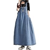 Denim Jumper Dress for Women Maxi Loose Adjustable Straps Long Jean Dresses Plus Size Overall Dress with Pockets