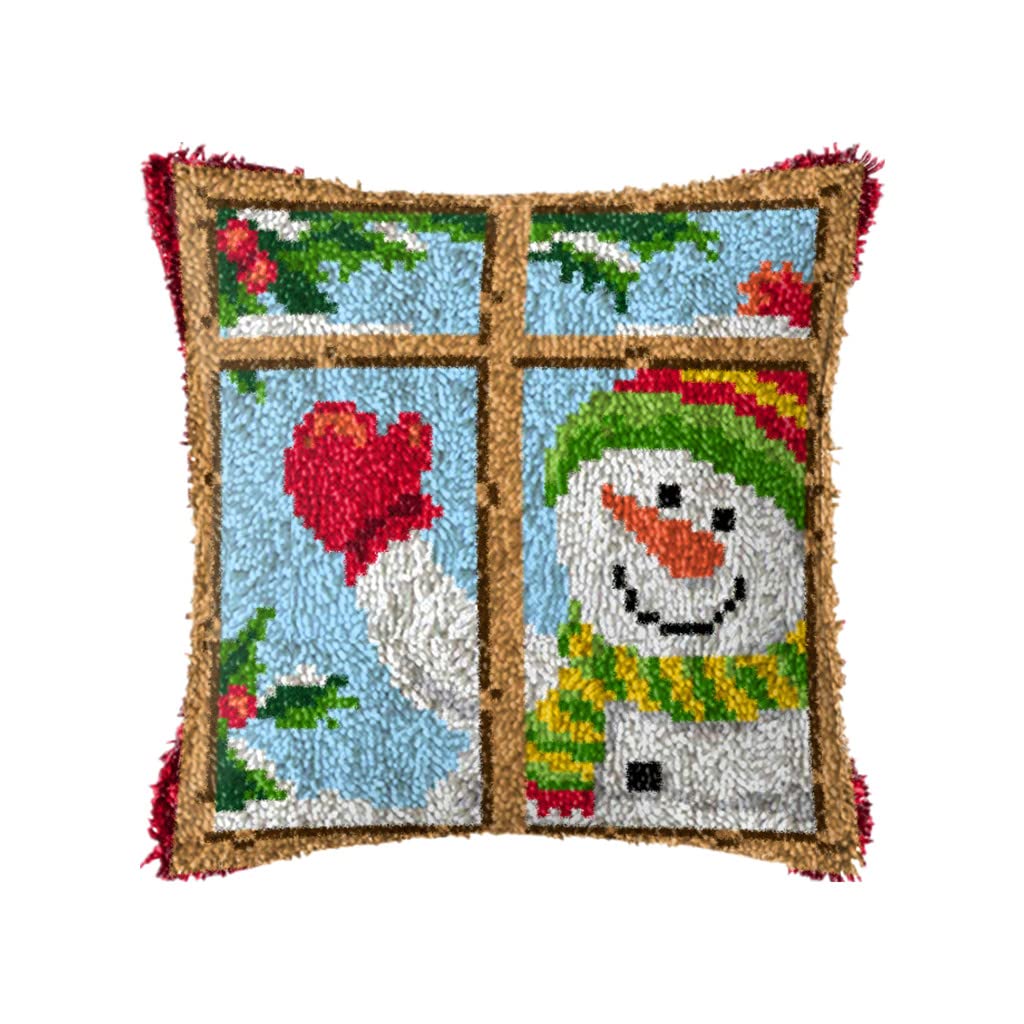 ZUHK Christmas Latch Hook Beginner ​with Christmas Pattern Printed Canvas Crochet Gift Cross Stitch Sofa Cushion Cover Tool fit for Beginner and Adults,43x43 cm (Snowflake J)