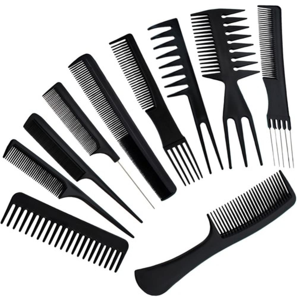 PARENCE Set of 10 Anti-Static Hair Combs, Professional Carbon Fibre Hairdressing Combs, Fine & Wide Tooth, Unisex Adult, Black