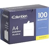 Columbian Invitation Self Seal Envelopes, 100/Box, 4 x 6 Inches for Photos &amp; Cards, Release &amp; Seal Peel and Seal Strip, A4, Square Flap, White (COLO228)