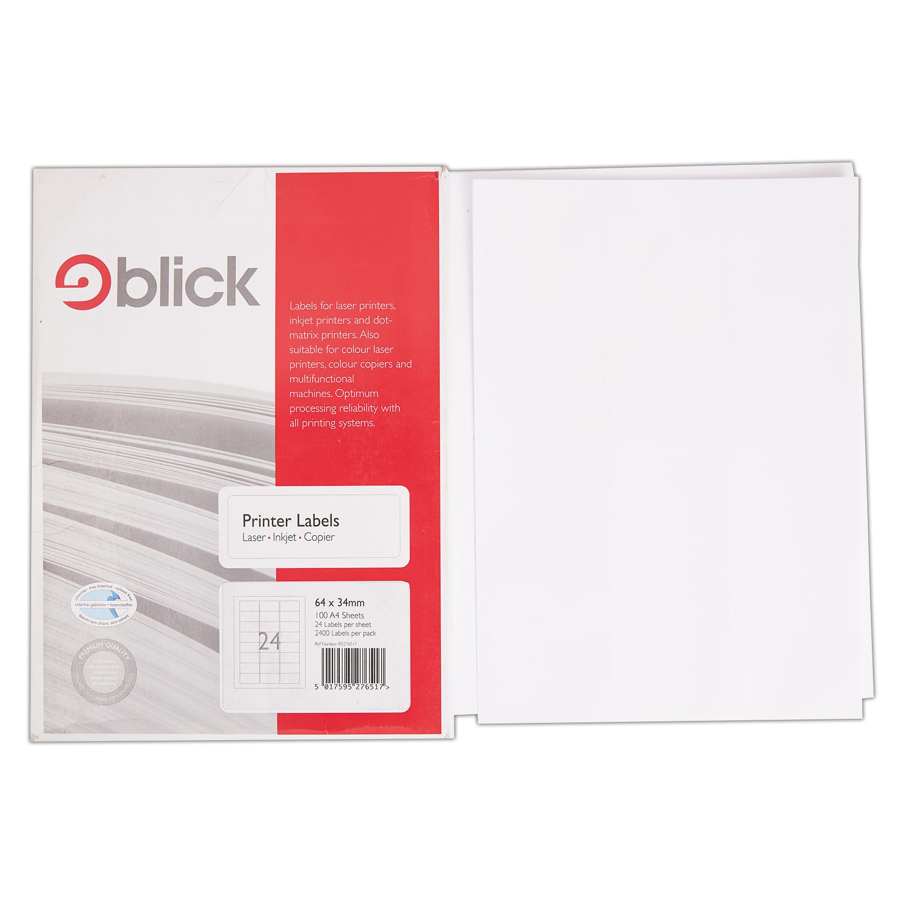 Blick Recycled Labels, White, 24 Per Sheet 100 Sheets, Rectangular, 64mm x 34mm, 2400 Labels, For Home, Office, Family, School