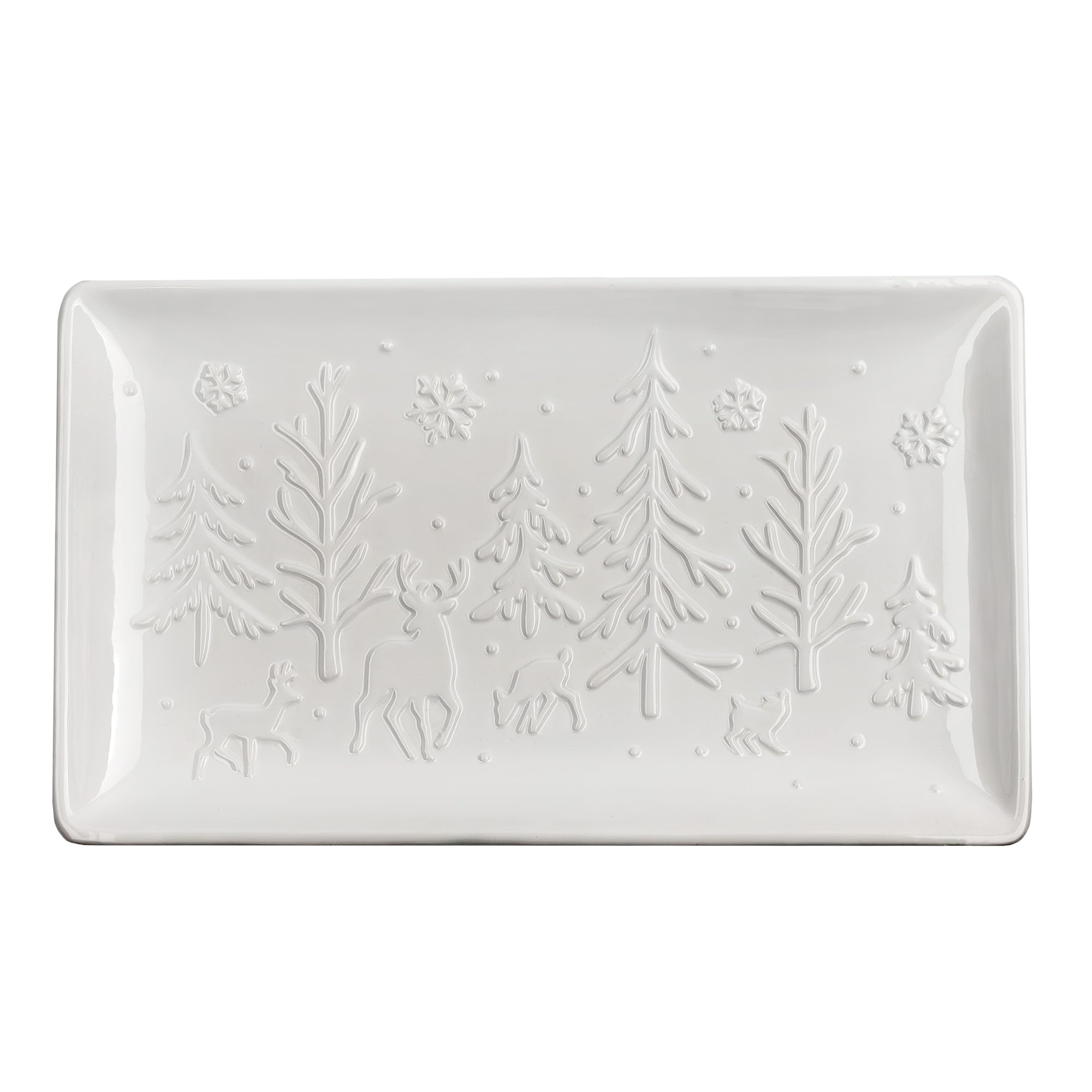 Photo 1 of AuldHome Design Reindeer Christmas Tree Platter; Ceramic Embossed White Serving Tray